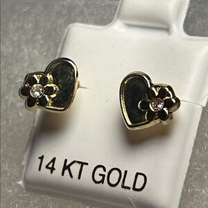 14KT Gold Heart Flower Stud Screw-back Earrings Cubic Zirconia New Gift Dainty